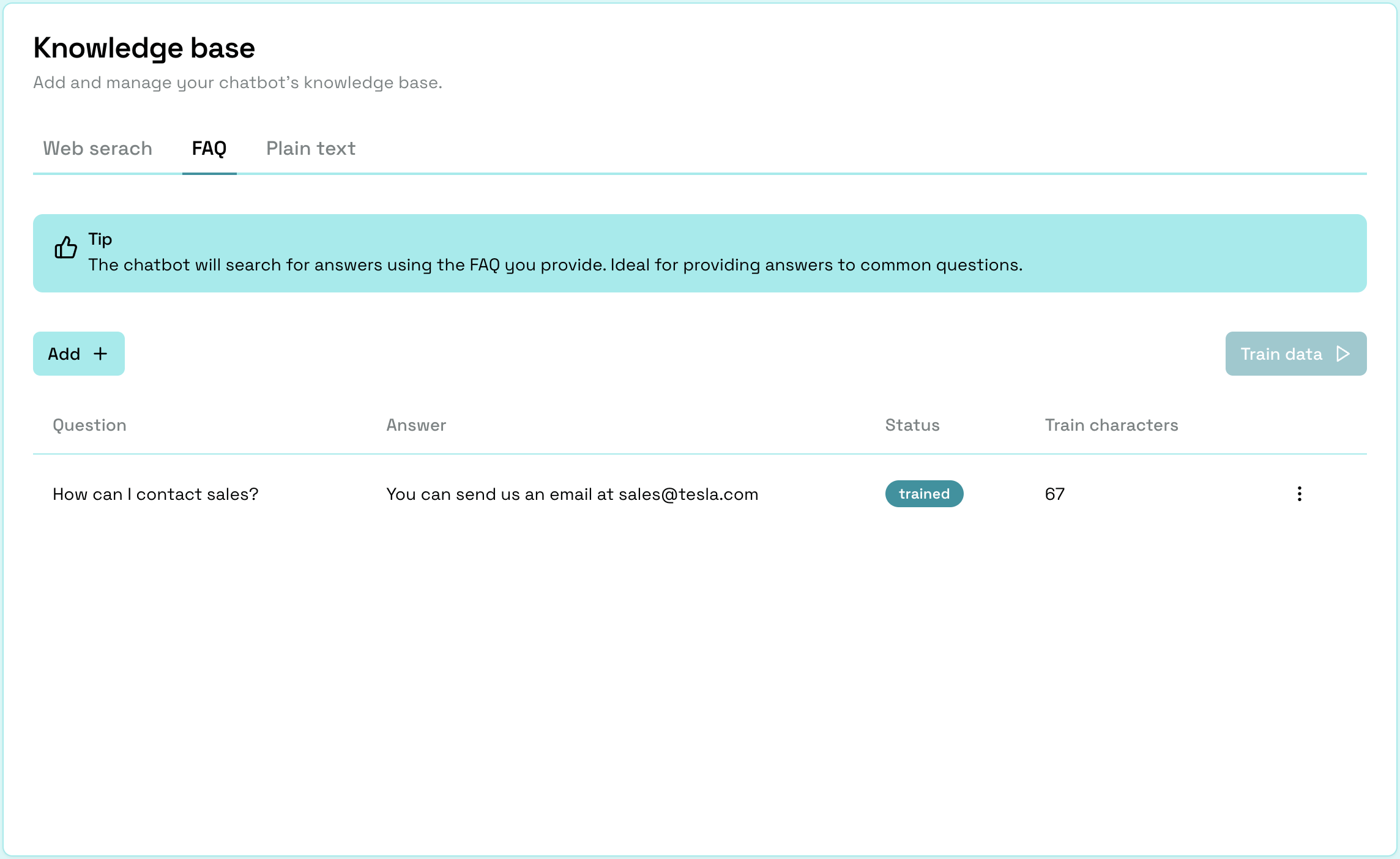 Knowledge base table with new entry